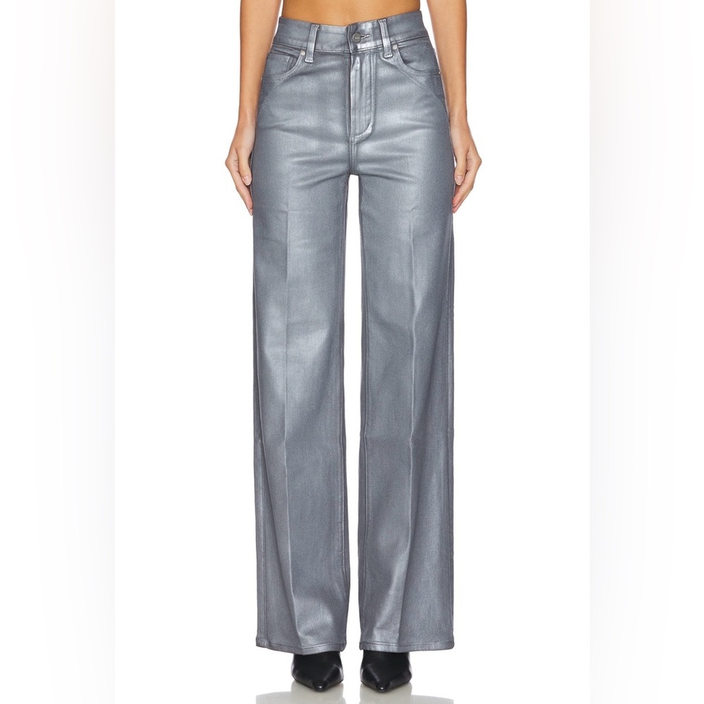 NWT PAIGE Transcend Sasha Wide Leg Coated Jeans, Silver Shimmer from Revolve, 25